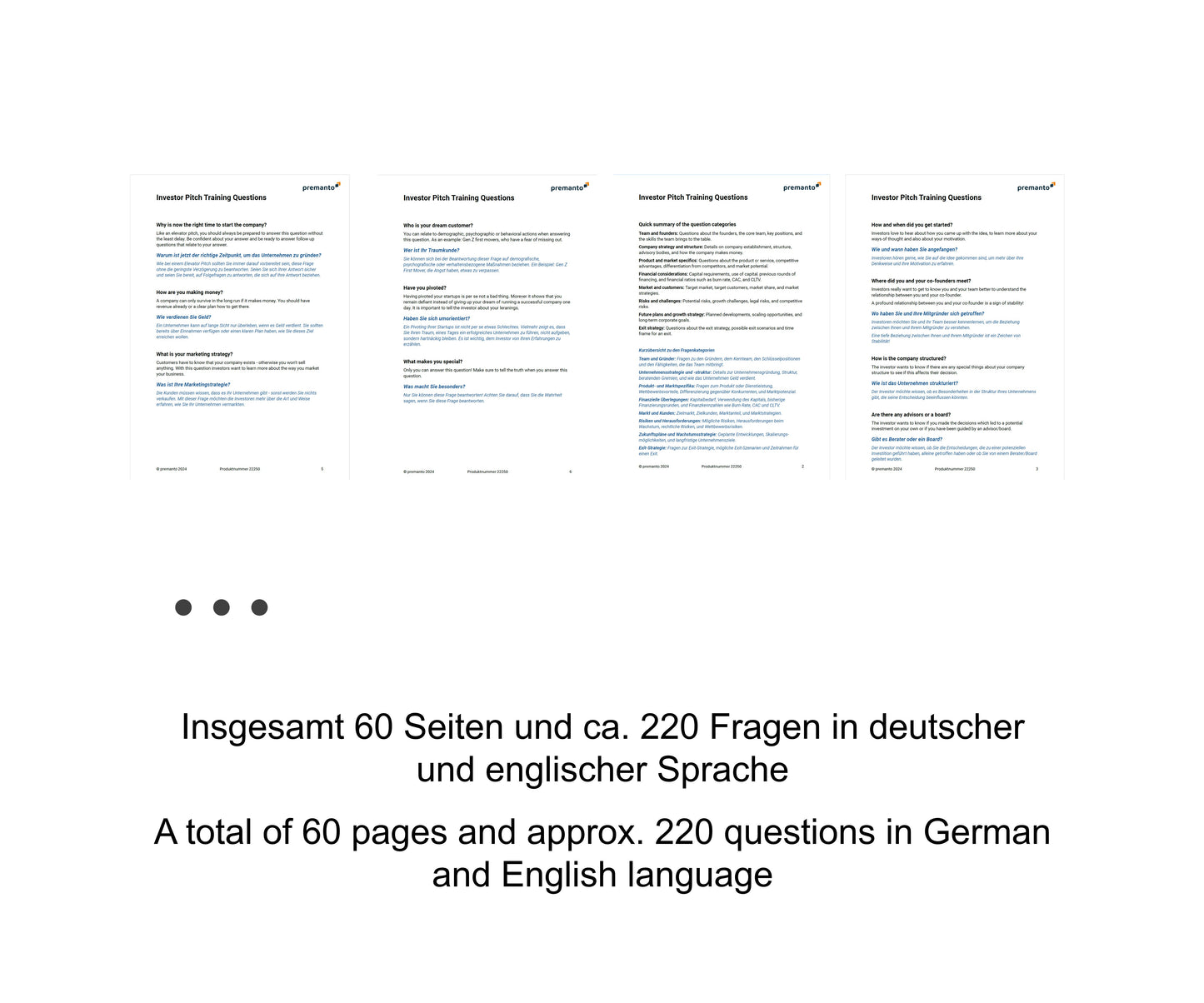 Bild zeigt drei Seiten eines Dokuments mit dem Titel "Investor Pitch Training Questions" in Englisch und Deutsch. Unten steht der Text: "Insgesamt 60 Seiten und ca. 220 Fragen in deutscher und englischer Sprache / A total of 60 pages and approx. 220 questions in German and English language."