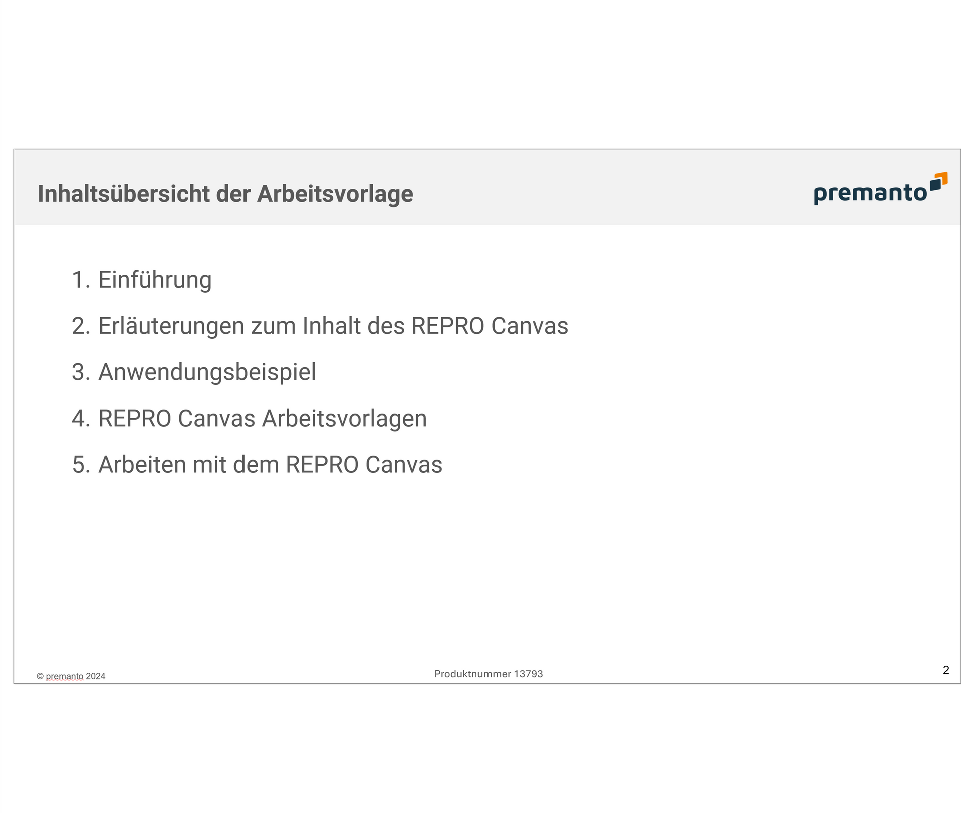 Bild zeigt einen Screenshot der Folie mit einer Inhaltsübersicht. Oben steht der Titel "Inhaltsübersicht der Arbeitsvorlage". Darunter ist eine Liste mit Punkten: 1. Einführung, 2. Erläuterungen zum Inhalt des REPRO Canvas, 3. Anwendungsbeispiel, 4. REPRO Canvas Arbeitsvorlagen, 5. Arbeiten mit dem REPRO Canvas. Oben rechts befindet sich das Logo von premanto. 