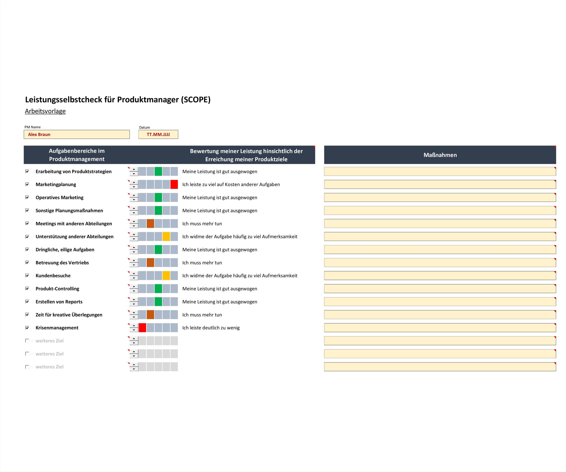 Screenshot zeigt Excel-Tool SCOPE zur Selbsteinschätzung der Leistung als Produktmanager. Enthält eine Liste von Aufgabenbereichen, Bewertungsampel und Leistungsbewertungen in Textform als Hinweise für Korrekturen. Tool ermöglicht regelmäßige Nahsteuerung der eigenen Leistung. Es visualisiert Ergebnisse bzgl. relevanter Aufgabenbereiche, unterstützt bei Identifizierung von Korrekturmaßnahmen. Produktmanager können Arbeitseffizienz und die Qualität ihrer Ergebnisse damit nachhaltig steigern.