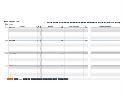 Screenshot zeigt Monatsanfangsseite des Excel-SEKAL-Servicekalenders, LD-Version, für Berater & Projektmanager zur Leistungserfassung. Enthält Projektinformationen, Monatsnavigation, Spalten für Leistungsbeschreibungen pro Tag mit ihrer Dauer in Stunden und Minuten. Es gibt zusätzliche Spalten für Abrechnungseinheiten, Reisekosten, andere Aufwendungen sowie ergänzende Informationen. Die Kalenderwoche, das Datum und der Wochentag werden angezeigt, die Wochenenden farblich hervorgehoben.