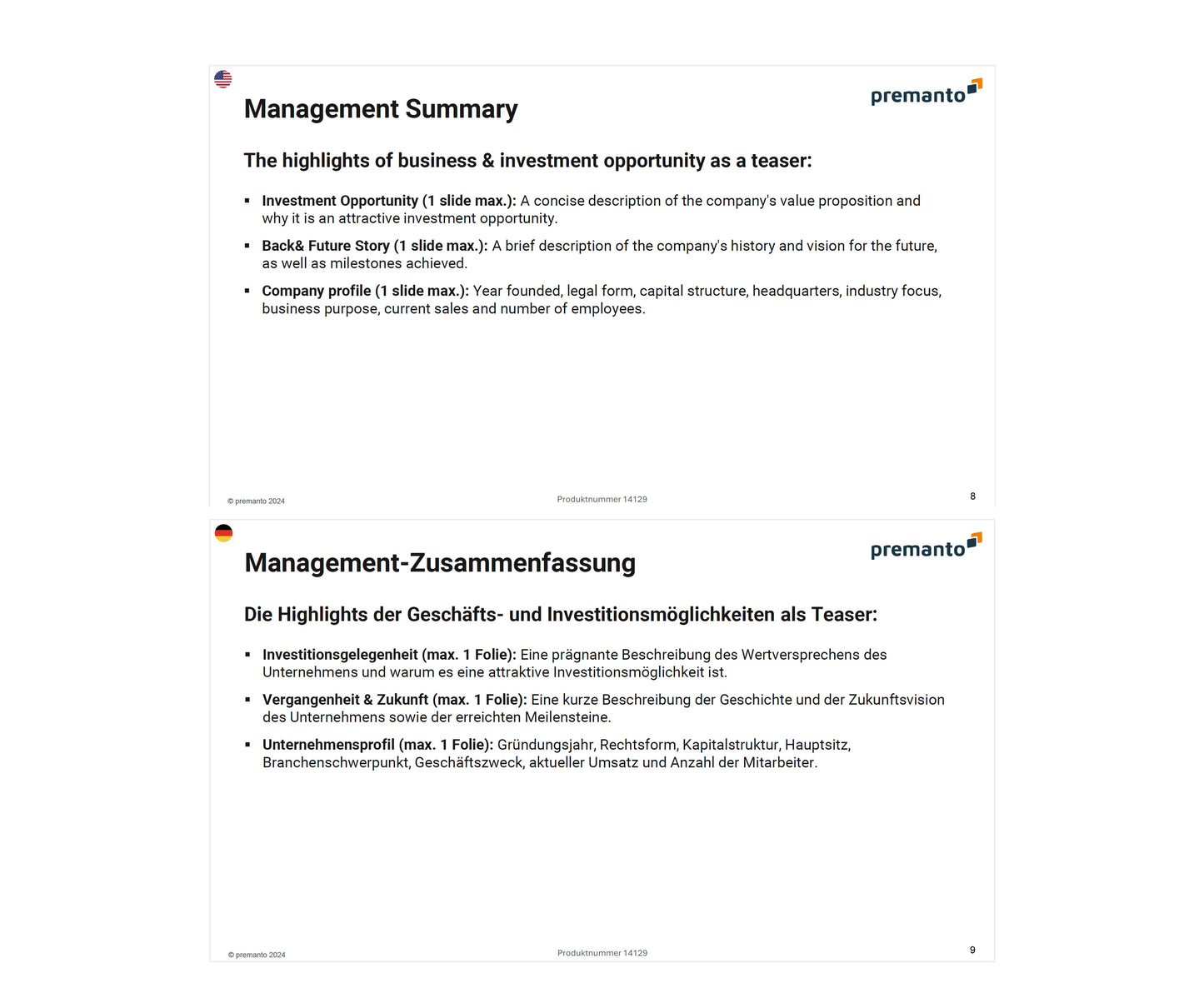 Bild zeigt zwei Folien eines Präsentationsdecks. Die obere Folie (Englisch) trägt den Titel "Management Summary" und beschreibt Investitionsmöglichkeiten, die Geschichte und Zukunft des Unternehmens sowie das Unternehmensprofil. Die untere Folie (Deutsch) hat den Titel "Management-Zusammenfassung" und enthält ähnliche Informationen.