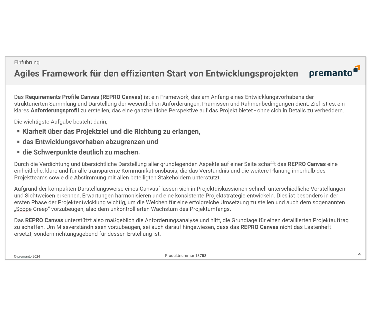 Die Folie mit dem Titel "Agiles Framework für den effizienten Start von Entwicklungsprojekten" erklärt das REPRO Canvas zur Strukturierung wesentlicher Anforderungen in Entwicklungsprojekten mit den Hauptzielen: Klarheit über Projektziele, Abgrenzung des Entwicklungsvorhabens und Hervorhebung von Schwerpunkten. 