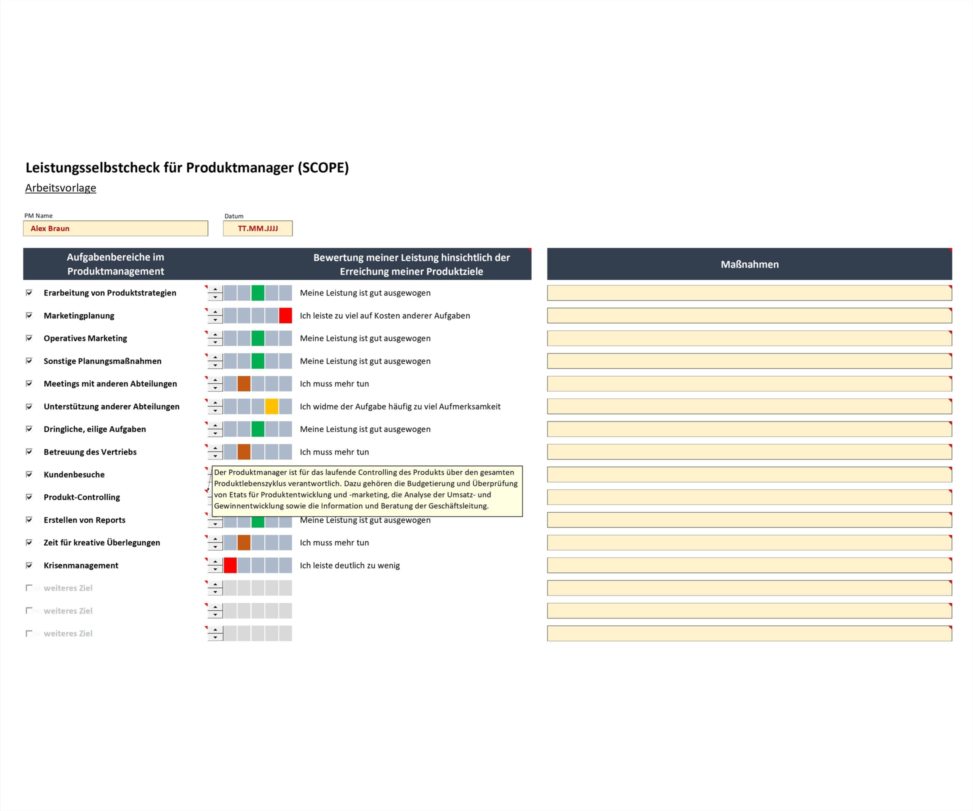 Screenshot zeigt Excel-Tool SCOPE zur Leistungsselbskontrolle als Produktmanager. Enthält Liste von Aufgabenbereichen, Bewertungsampel und Leistungsbewertungen in Textform als Korrekturhinweise. Wissensbox Produkt-Controlling ist geöffnet. Tool ermöglicht regelmäßige Überprüfung der eigenen Leistung. Es visualisiert Ergebnisse bzgl. der Aufgabenbereiche, unterstützt bei Identifizierung von Korrekturmaßnahmen. Produktmanager können Arbeitseffizienz und Qualität ihrer Ergebnisse damit nachhaltig steigern.
