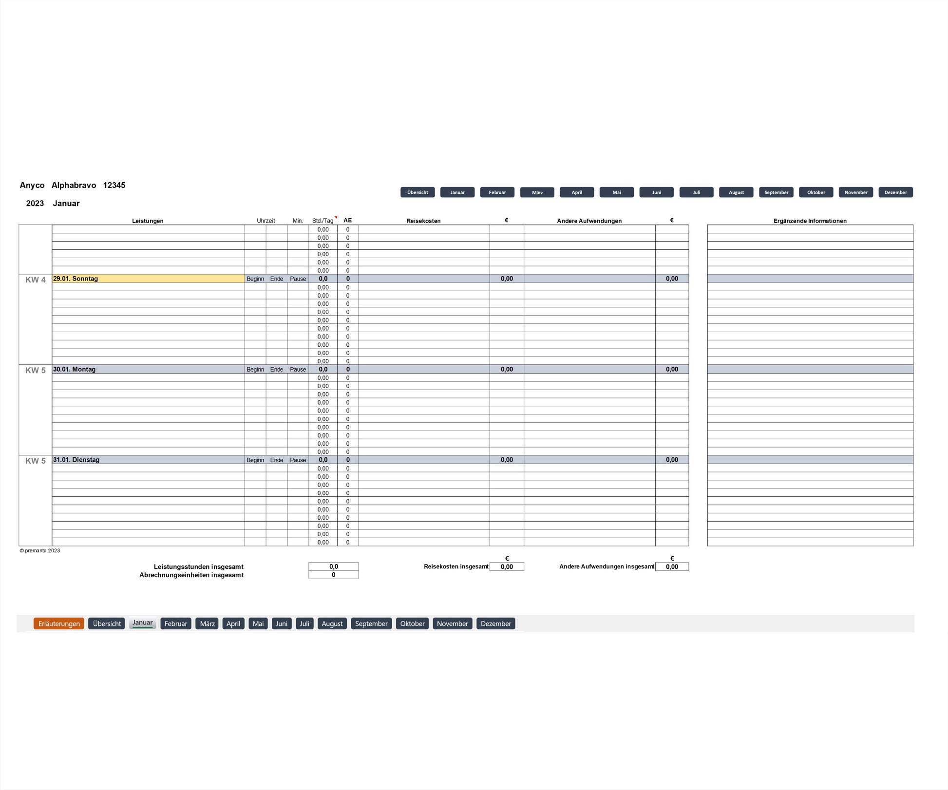 Screenshot mit Kalenderseite von Monatsende des Excel-SEKAL-Servicekalenders CT für Berater & Projektmanager zur Leistungserfassung. Enthält Projektinfos, Monatsnavigation, Spalten für Services, Start-, Endzeiten, Pausen, Servicestunden, Abrechnungseinheiten, Reisekosten usw.. Kalenderwoche, Datum, Wochentag sind gezeigt, Wochenenden farblich markiert. Gesamtstunden, Gesamtabrechnungseinheiten, Reisekosten, andere Aufwendungen werden zusammengefasst. Einfache Bedienung & integrierte Berechnungsfunktionen.
