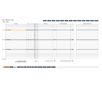 Screenshot mit Kalenderseite von Monatsende des Excel-SEKAL-Servicekalenders CT für Berater & Projektmanager zur Leistungserfassung. Enthält Projektinfos, Monatsnavigation, Spalten für Services, Start-, Endzeiten, Pausen, Servicestunden, Abrechnungseinheiten, Reisekosten usw.. Kalenderwoche, Datum, Wochentag sind gezeigt, Wochenenden farblich markiert. Gesamtstunden, Gesamtabrechnungseinheiten, Reisekosten, andere Aufwendungen werden zusammengefasst. Einfache Bedienung & integrierte Berechnungsfunktionen.