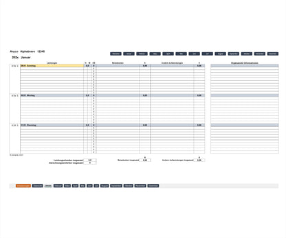 Screenshot mit Kalenderseite von Monatsende des Excel-SEKAL-Servicekalenders LD. Enthält Projektinformationen, Monatsnavigation, Spalten für Leistungsbeschreibungen pro Tag mit Dauer in Stunden und Minuten, Abrechnungseinheiten, Reisekosten und andere Aufwendungen. Kalenderwoche, Datum, Wochentag sind gezeigt, Wochenenden farblich markiert. Gesamtstunden, Gesamtabrechnungseinheiten, Reisekosten, andere Aufwendungen werden zusammengefasst. 