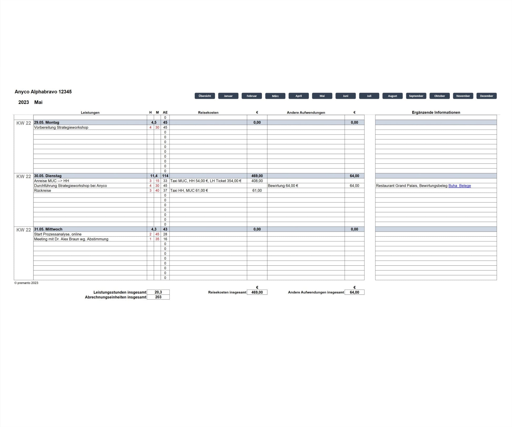 Screenshot mit Kalenderseite von Monatsende des Excel-SEKAL-Servicekalenders LD für Berater & Projektmanager zur Leistungserfassung mit Beispieleintragungen. Enthält Projektinformationen, Monatsnavigation und Spalten für Leistungen und Dauern, Abrechnungseinheiten usw. Kalenderwoche, Datum und Wochentag werden angezeigt, Wochenenden farblich markiert. Unten werden Gesamtleistungsstunden, -abrechnungseinheiten, -reisekosten und andere Aufwendungen angezeigt. 