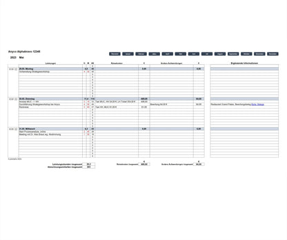 Screenshot mit Kalenderseite von Monatsende des Excel-SEKAL-Servicekalenders LD für Berater & Projektmanager zur Leistungserfassung mit Beispieleintragungen. Enthält Projektinformationen, Monatsnavigation und Spalten für Leistungen und Dauern, Abrechnungseinheiten usw. Kalenderwoche, Datum und Wochentag werden angezeigt, Wochenenden farblich markiert. Unten werden Gesamtleistungsstunden, -abrechnungseinheiten, -reisekosten und andere Aufwendungen angezeigt. 