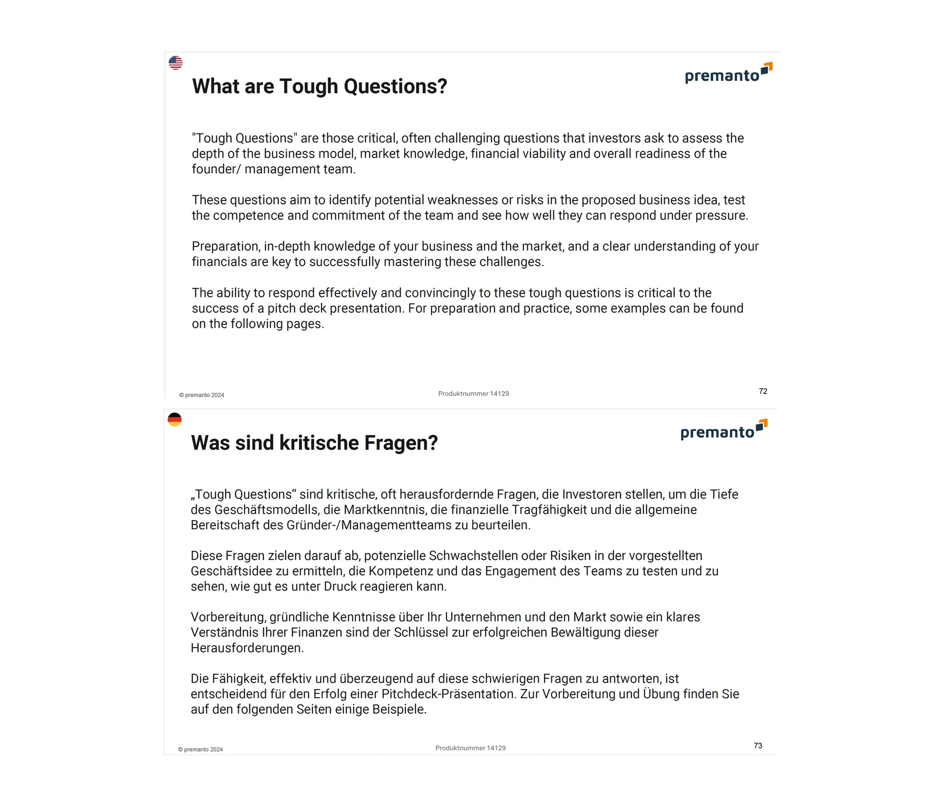 Bild zeigt zwei Präsentationsfolien in Englisch und Deutsch. Die erste Folie trägt den Titel "Tough Questions" und die zweite "Kritische Fragen". Beide beschreiben die Bedeutung herausfordernder Fragen, die Investoren stellen, um das Geschäftsmodell, Marktkenntnisse, finanzielle Tragfähigkeit und die Bereitschaft des Managementteams zu beurteilen.