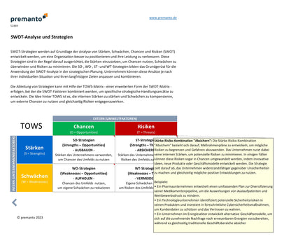Screenshot zeigt TOWS-Strategiematrix mit Texterläuterumngen und mit Wissensbox.