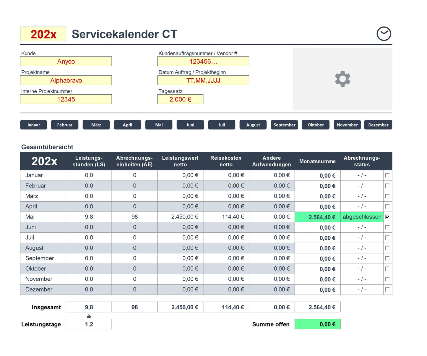 Screenshot zeigt Übersichtsseite des Excel-SEKAL-Servicekalenders, CT-Version für Berater & Projektmanager zur Leistungserfassung. Enthält Eingabefelder für akt. Jahr, Personalisierung, Grundeinstellungen, Navigationsschaltflächen für die einzelnen Monate und Tabelle mit Arbeitsstunden, Abrechnungseinheiten, Leistungswerten, Reisekosten und anderen Aufwendungen. Monatsgesamtsummen und Abrechnungsstatus werden gezeigt. Tool erlaubt Zeiterfassung, einfache Bedienung und integrierte Auswertungsfunktionen.