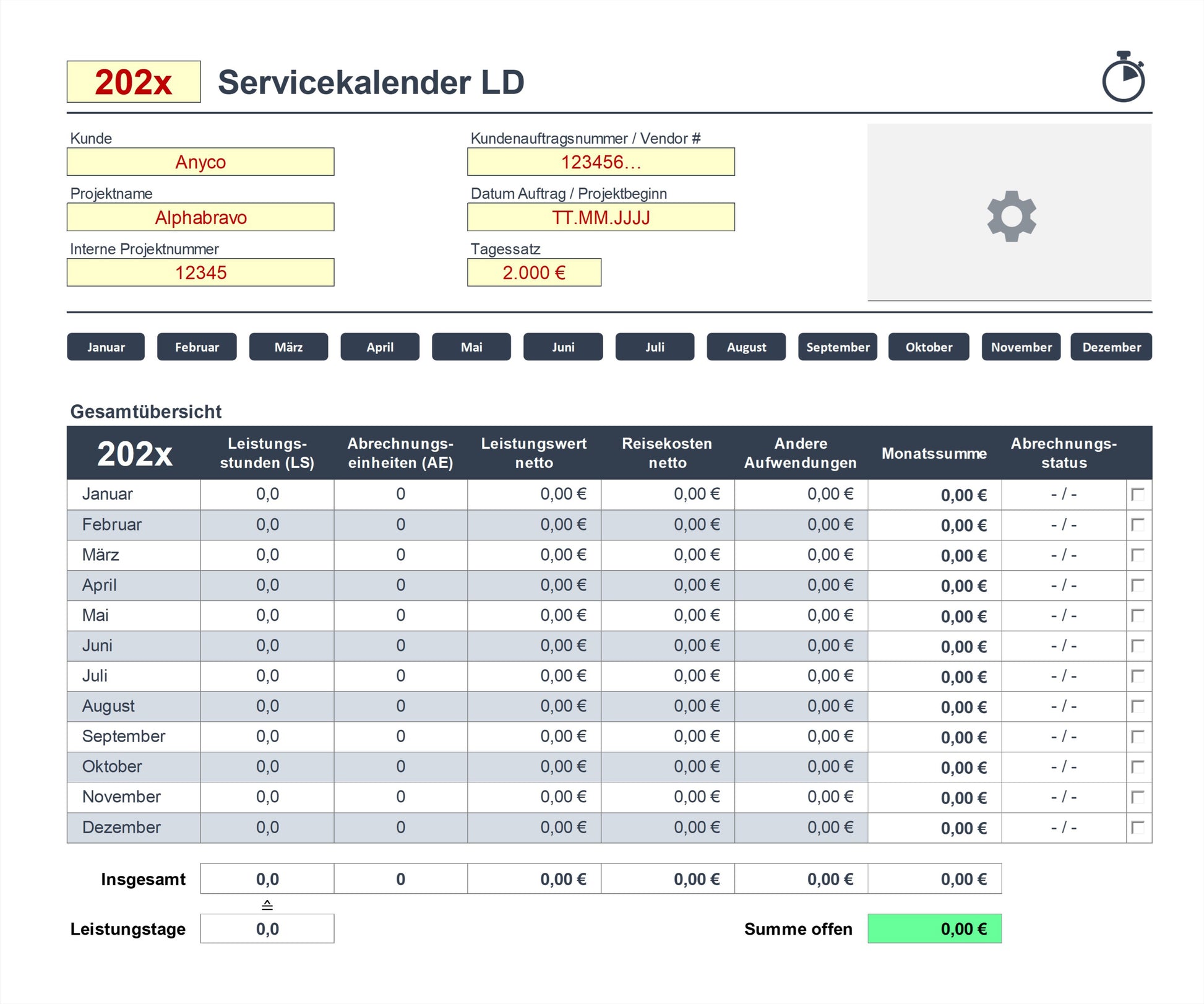 Screenshot zeigt Übersichtsseite des Excel-SEKAL-Servicekalenders, LD-Version für Berater & Projektmanager zur Leistungserfassung. Enthält Eingabefelder für akt. Jahr, Personalisierung, Grundeinstellungen, Navigationsschaltflächen für die einzelnen Monate und Tabelle mit Arbeitsstunden, Abrechnungseinheiten, Leistungswerten, Reisekosten und anderen Aufwendungen. Monatsgesamtsummen und Abrechnungsstatus werden gezeigt. Tool erlaubt Zeiterfassung, einfache Bedienung und integrierte Auswertungsfunktionen.